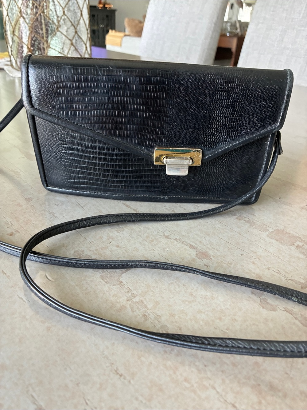 Roche signed Leather Envelope Crossbody Bag with Gold-Tone Clasp